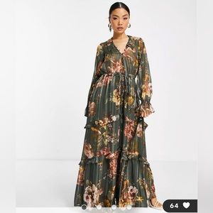 ASOS DESIGN chiffon floral green tiered maxi dress with tie front in satin NWT
